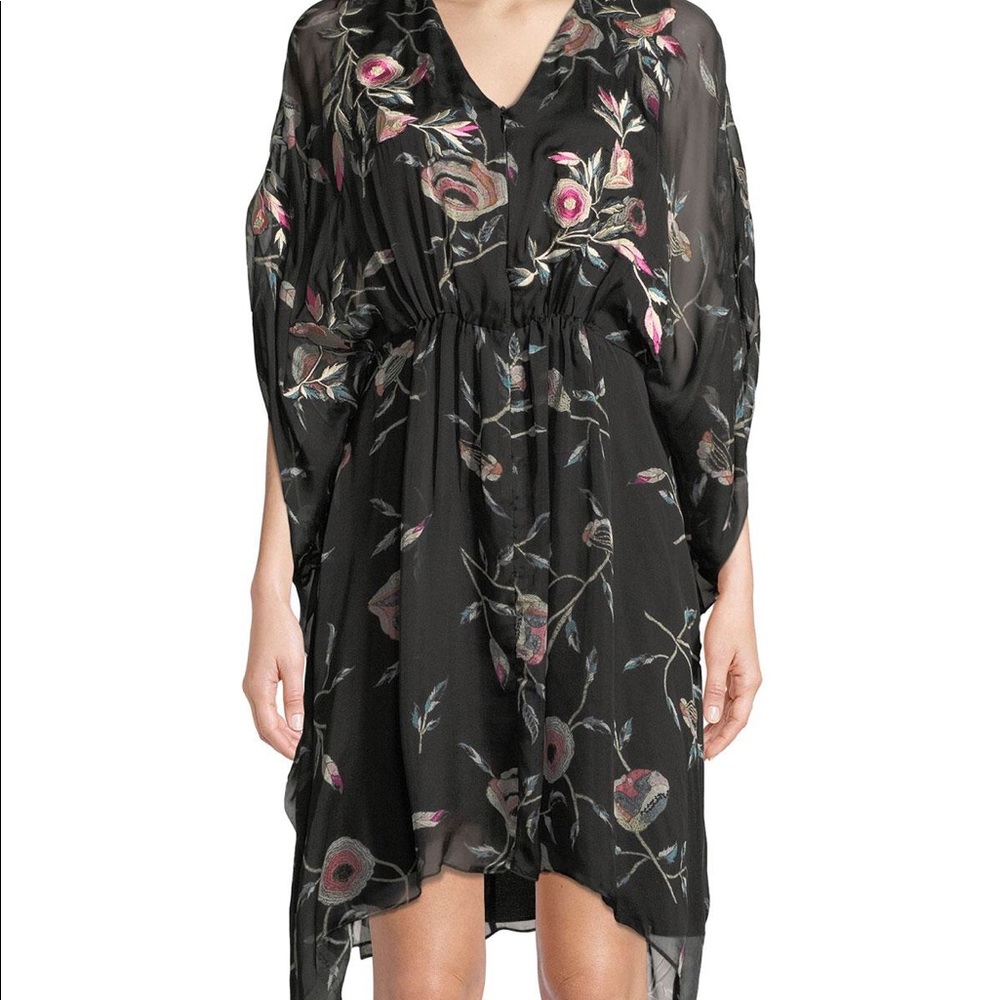 Natori Embroidered Floral-Print Silk Caftan Dress, - Picture 1 of 8